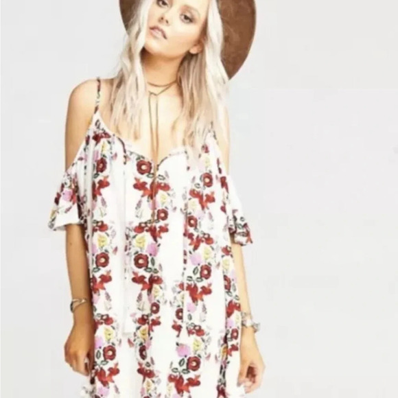 🔷 Revolve Show Me Your Mumu Floral Cold Shoulder Bonnaroo Pom Pom Mini Dress - Picture 1 of 6